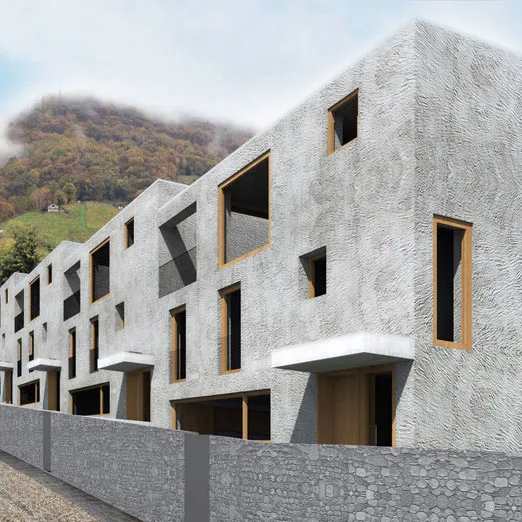 Rendering di Gordola TBLN: case a schiera in intonaco grigio con finestre in legno