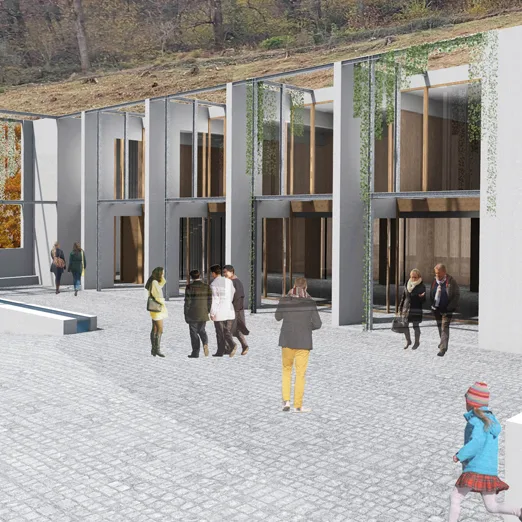 Rendering di Manno BV: portico con pilastri e piazza pedonale