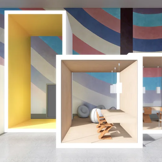 Rendering di Manno UBS: interni con pareti colorate a fasce