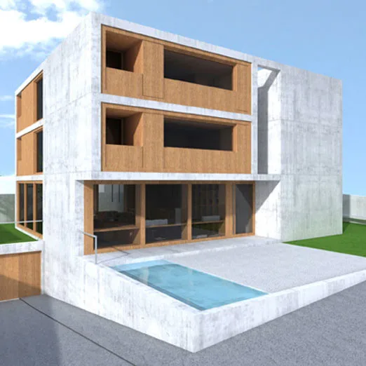 Rendering di Mendrisio FT: edificio in cemento con logge in legno e piscina
