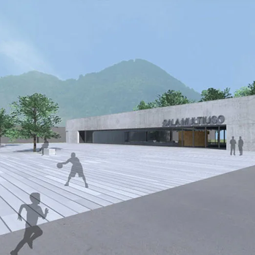 Rendering di Morbio SM: piazza davanti a un edificio basso