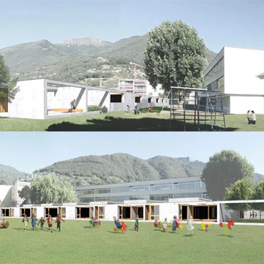 Rendering di Tenero SI: edifici bassi su un prato con le montagne dietro